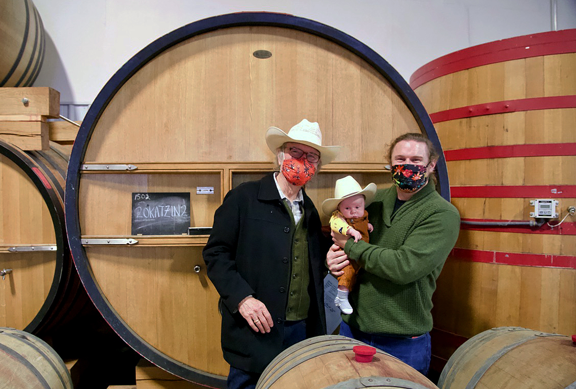 Joel, JP and Morgan in front of a 1600 gallon/60 hl foudre filled with 2020 Katusha's Zinfandel eventually bound for the Schmiedt Road bottling
