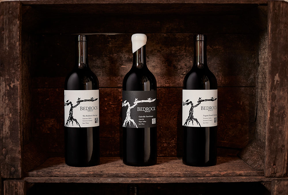 Three Bedrock wine bottles